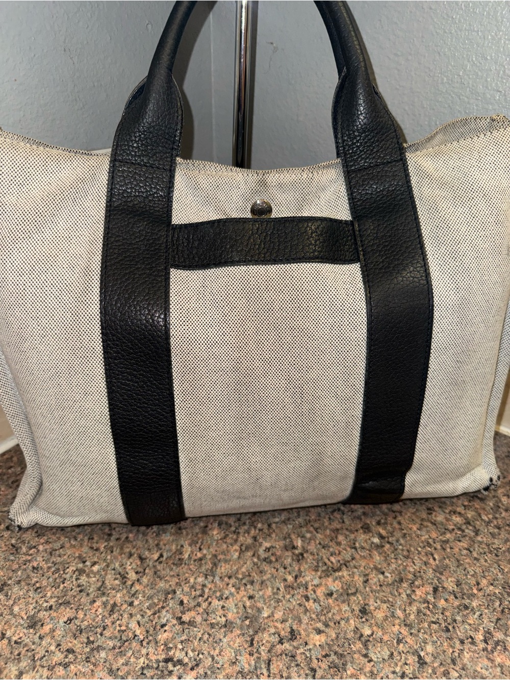 Hermes large Cream Canvas Tote with Black Leather Trim EUC